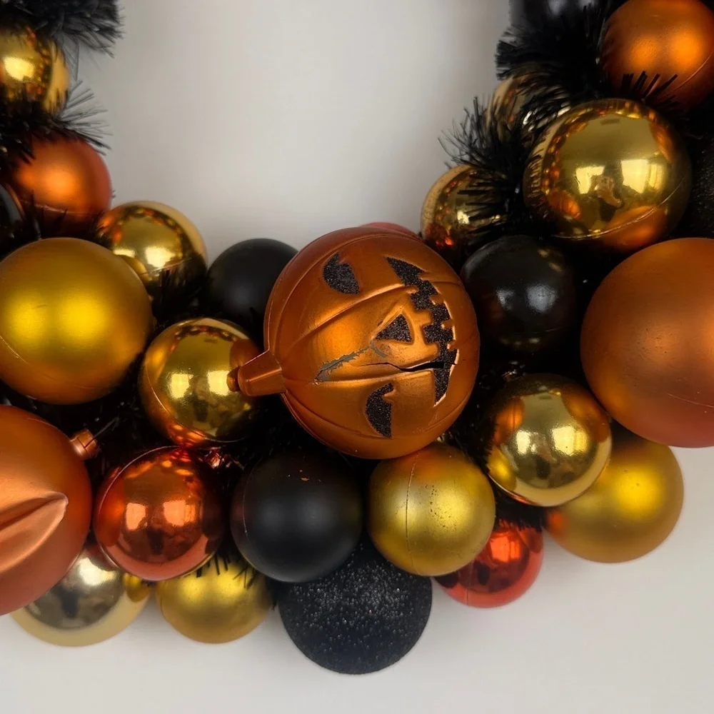 Halloween Shatterproof Ornament  Orange Black Gold Shiny Wreath Festive Spooky